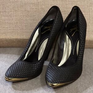 Zac Posen Tapered Toe Pumps 8 C Gold Tip/Heel Brown Woven Shoes Italy